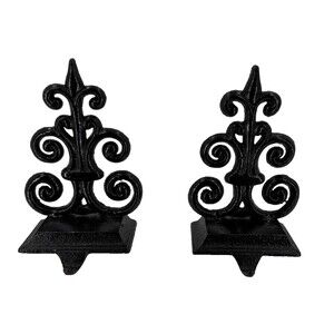 Lot of 2 Fleur De Lis Black Cast Iron Christmas Stocking Holders 6.75"x 4"x 2.5"